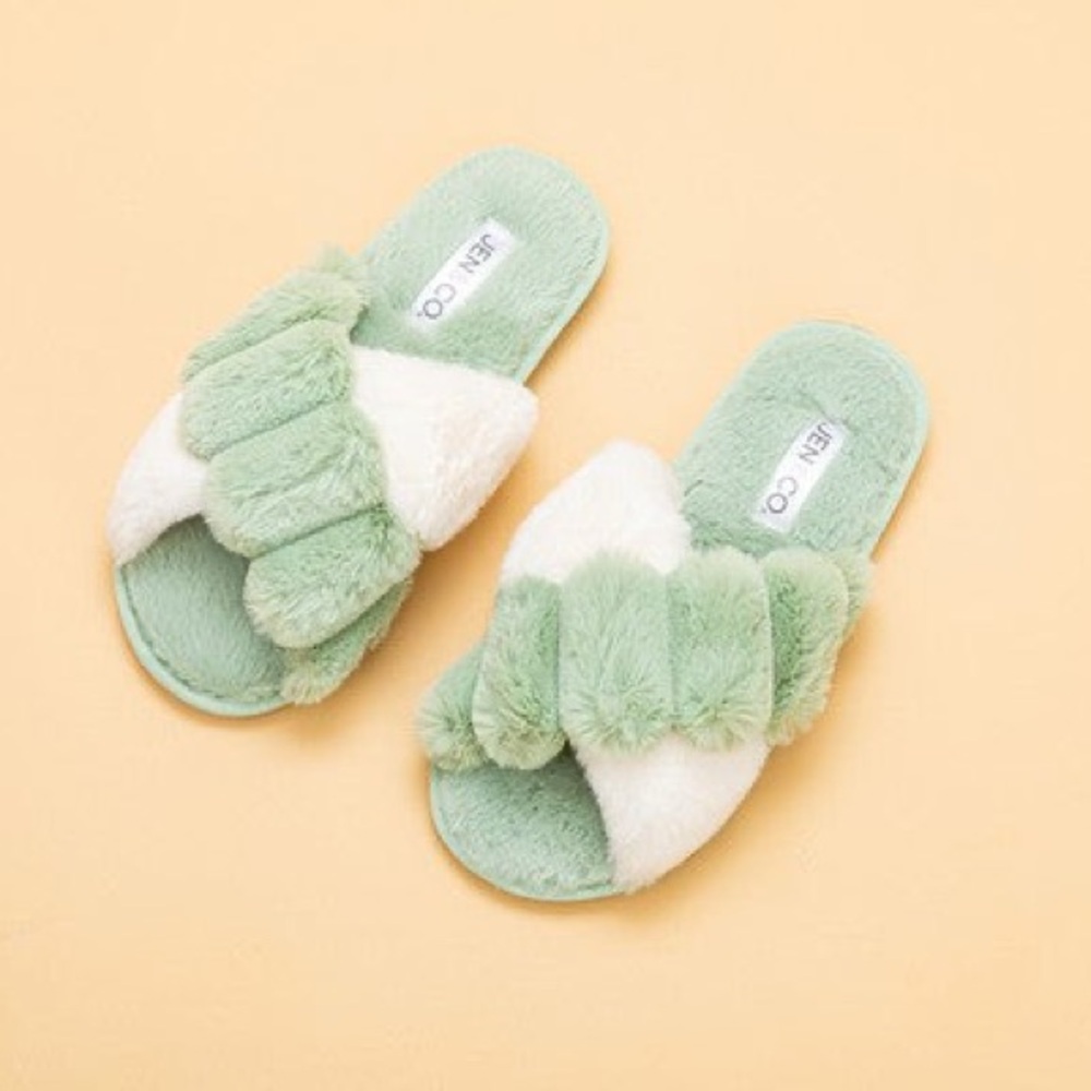 Fluffy Green and White Slippers